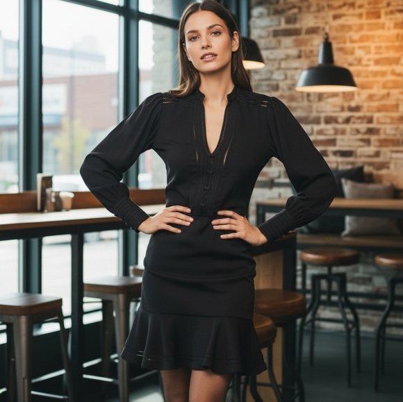 Veronica Beard Dresses & Skirts - Veronica Beard Jasper Button-front Short Dress Lattice Border In Black Sz 2 (XS)